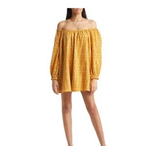 TREASURE & BOND SHIRRED OFF THE SHOULDER MINIDRESS IN YELLOW VINTAGE LACE SIZE L